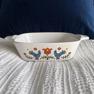 Corelle White Rectangular Ceramic Baking Dish with Blue Bird and Floral Motif